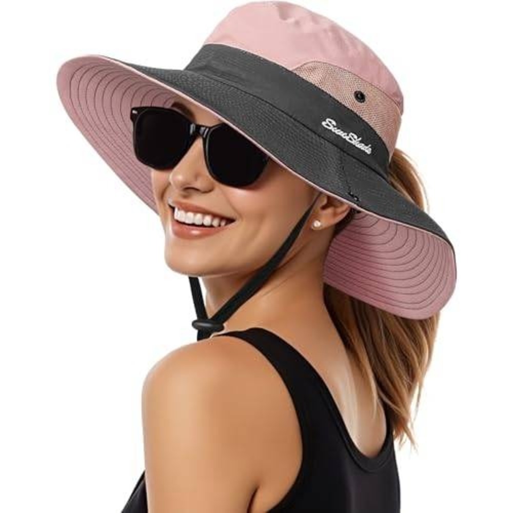 Sun Shade Women Wide Brim Sun Hat Pink Grey UV Protection Ponytail Beach Hiking